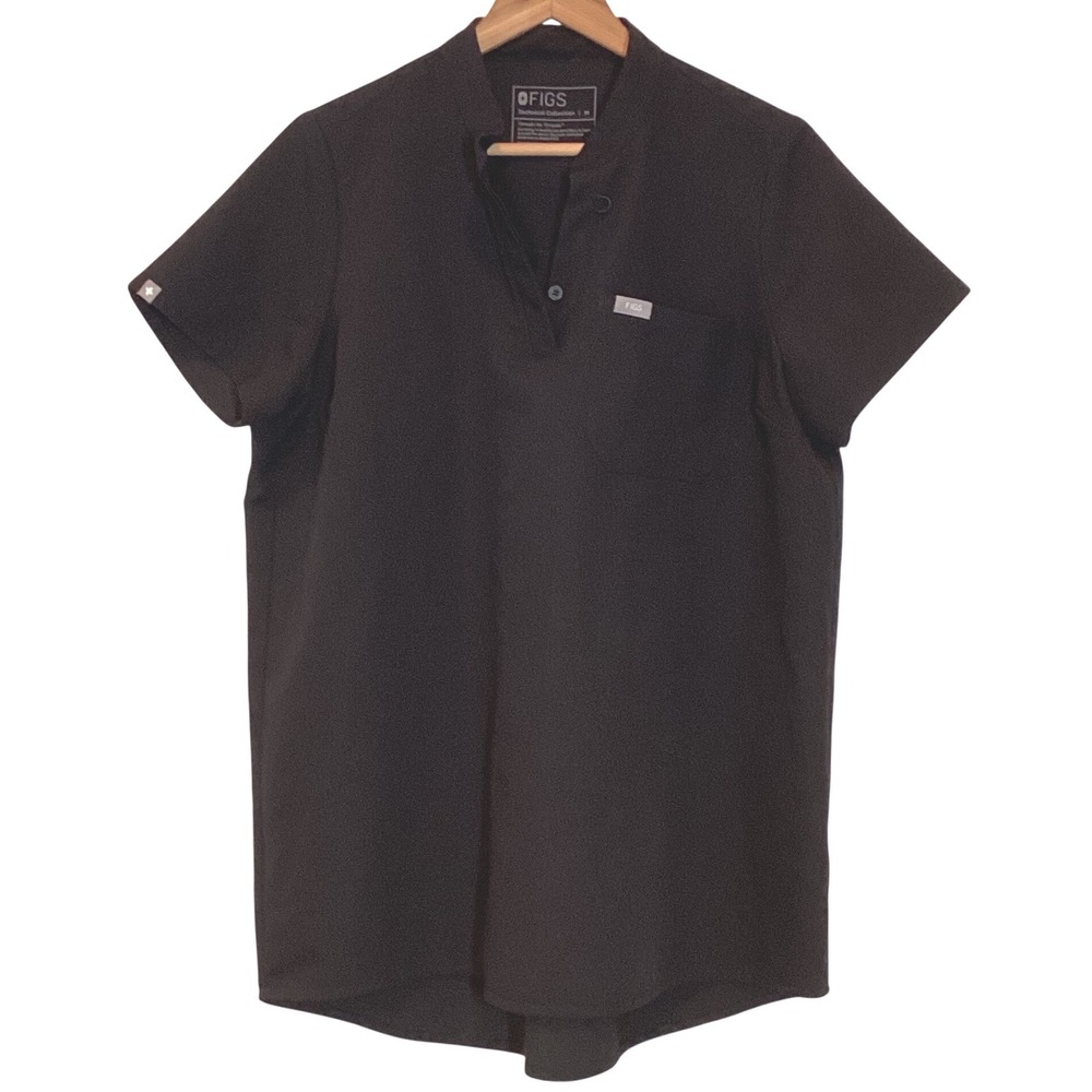 FIGS Scrub Top Labor and Delivery Split Neck 1 Pocket Loop Black W1012 Sz Medium